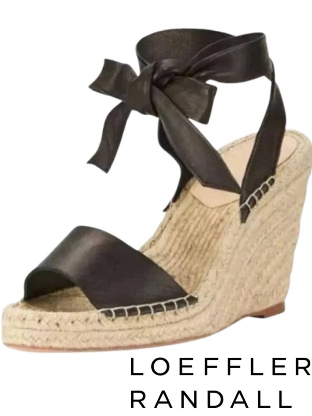 Loeffler Randall Harper Black Napa Leather Espadrille Wedge Sandals 8.5